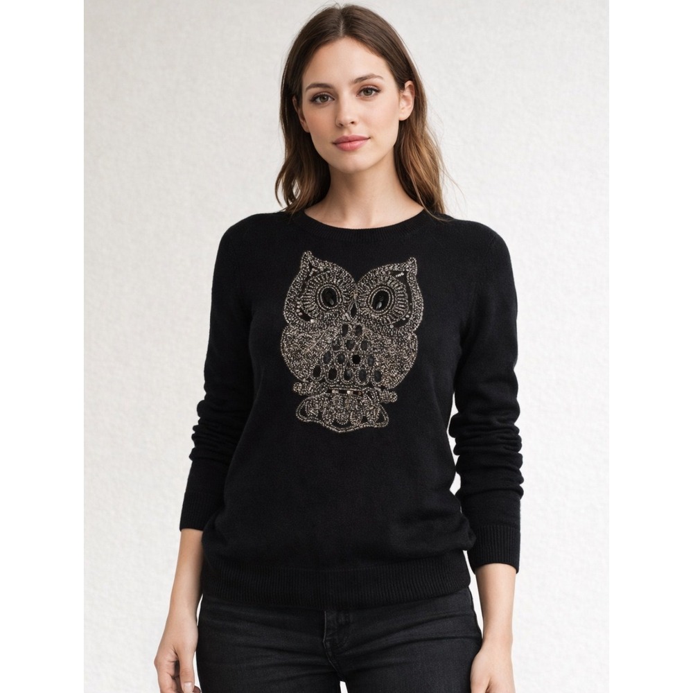 H&M Womens Angora Blend Pullover Sweater L Embellished Owl Whimsigoth‎ Witchy